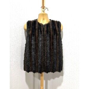 Vintage Kikit Faux Mink Fur Sweater Vest Lge Black Brown Full Zip Mob Wife Glam